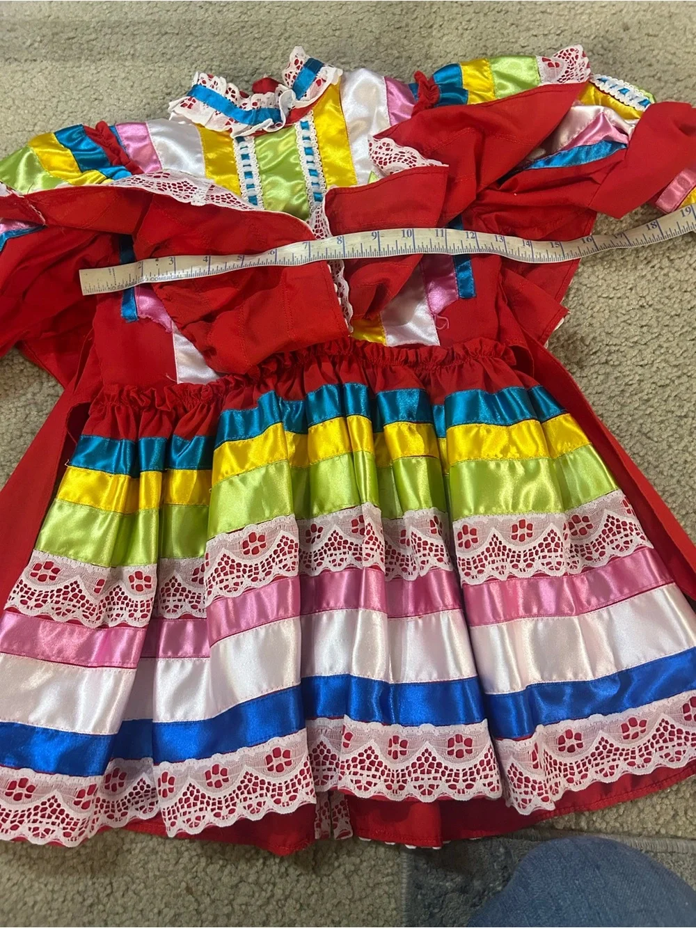 Girls' Red Traditional Jalisco Dress with Multicolor Trim